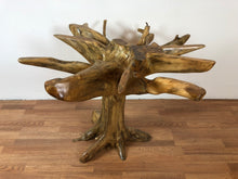 Teak root wood round dining table with beveled glass top
