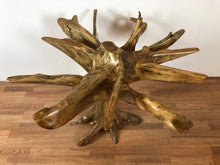 Teak root wood round dining table with beveled glass top