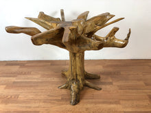 Teak root wood round dining table with beveled glass top