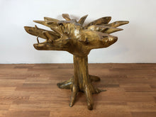 Teak root wood round dining table with beveled glass top