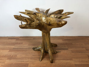 Teak root wood round dining table with beveled glass top