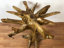 Teak root wood round dining table with beveled glass top