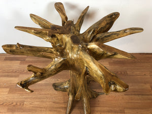 Teak root wood round dining table with beveled glass top