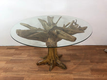 Teak root wood round dining table with beveled glass top