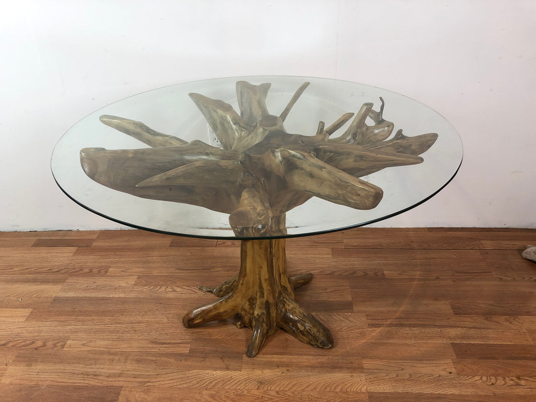Teak root wood round dining table with beveled glass top
