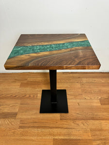 Walnut Wood Epoxy Turquoise Side Table with Pedestal Metal Leg – 18" x 14" x 23.5”