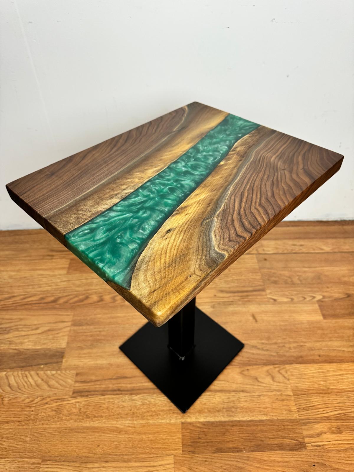 Walnut Wood Epoxy Turquoise Side Table with Pedestal Metal Leg – 18