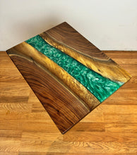 Walnut Wood Epoxy Turquoise Side Table with Pedestal Metal Leg – 18" x 14" x 23.5”