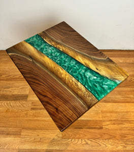 Walnut Wood Epoxy Turquoise Side Table with Pedestal Metal Leg – 18" x 14" x 23.5”