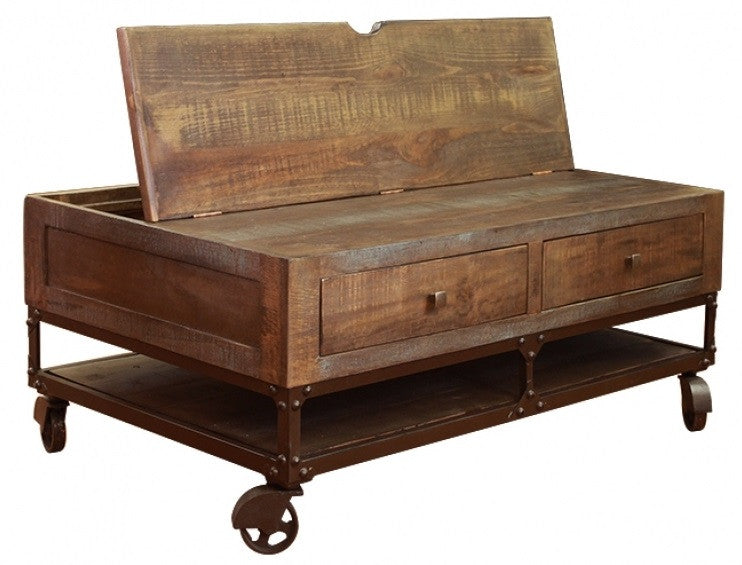 Urban industrial coffee table on wheels with lift top