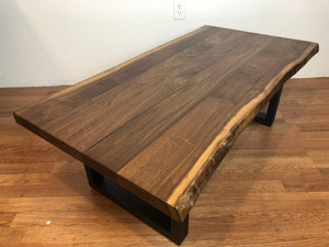 Live edge walnut wood coffee table with rectangular metal legs