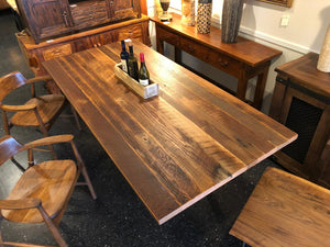 Reclaimed barn oak wood in natural finish with metal base