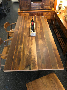 Reclaimed barn oak wood in natural finish with metal base