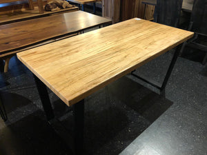 Wormy ambrosia maple table with trapezoid metal base