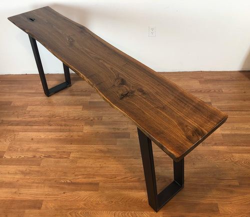 Live edge walnut console with metal base
