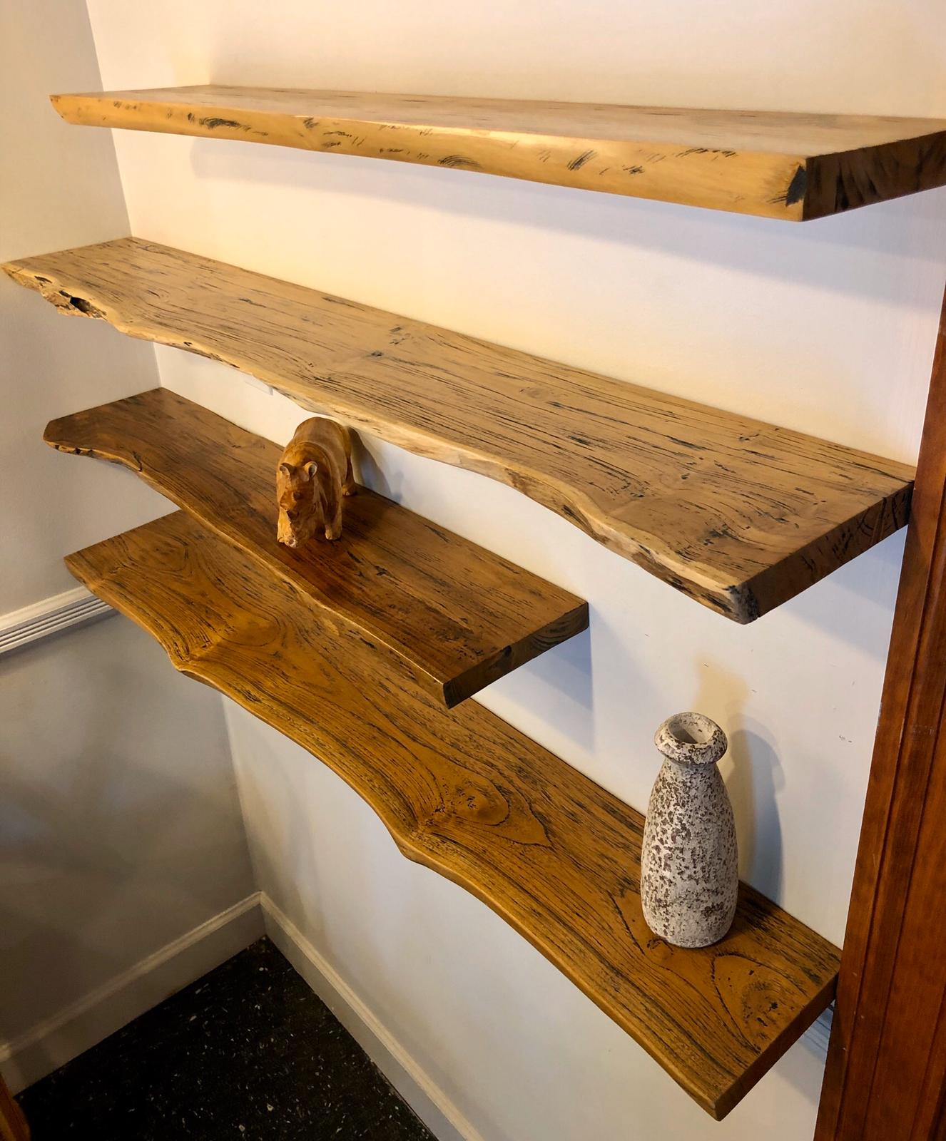 Rustic live edge solid teak wood floating shelf with hardware 35.5