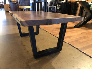 Live edge walnut wood coffee table with trapezoid metal legs