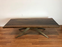 Live edge walnut coffee table with metal base in brass finish