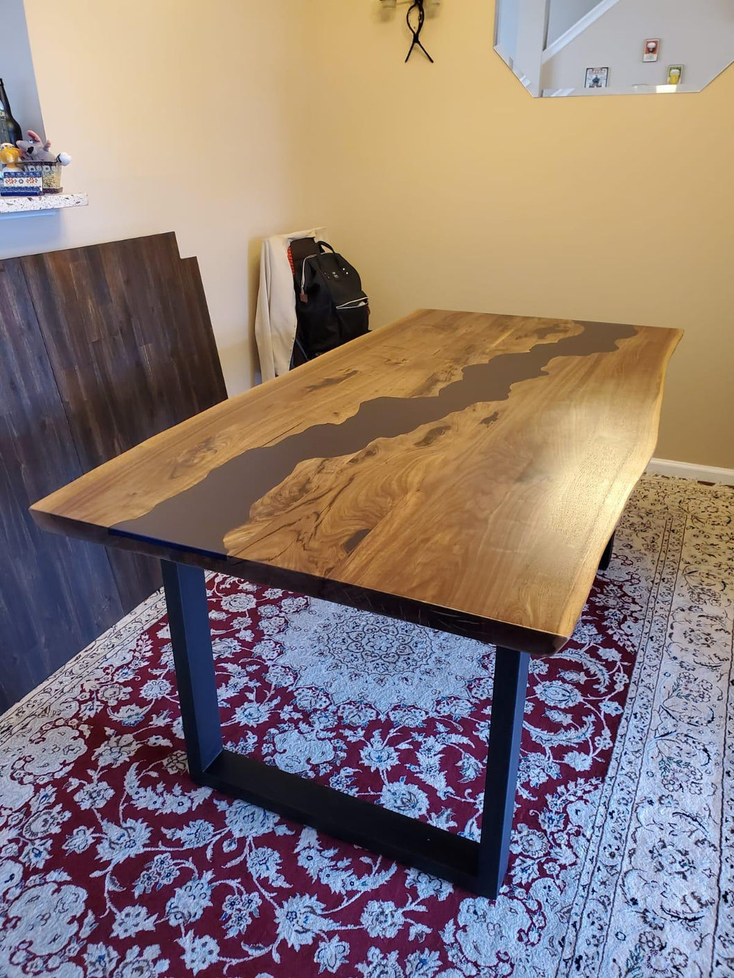 Live edge acacia wood dining table with epoxy