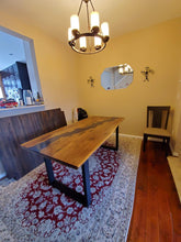 Live edge acacia wood dining table with epoxy