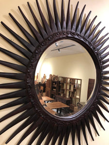 Teak wood round sunburst mirror