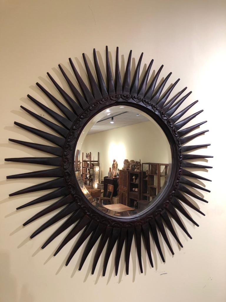 Teak wood round sunburst mirror