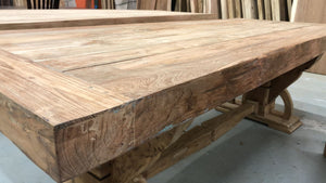 Reclaimed teak wood rustic dining table viking with arch base 97" L x 39.5" W Unfinished