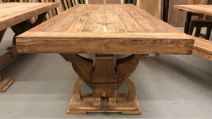 Reclaimed teak wood rustic dining table viking with arch base 97" L x 39.5" W Unfinished