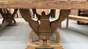 Reclaimed teak wood rustic dining table viking with arch base 97" L x 39.5" W Unfinished