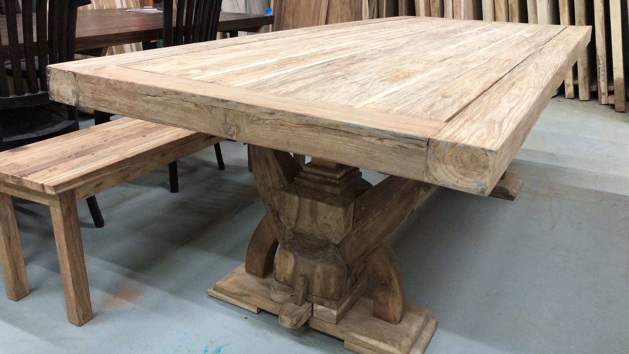 Reclaimed teak wood rustic dining table viking with arch base 94.5