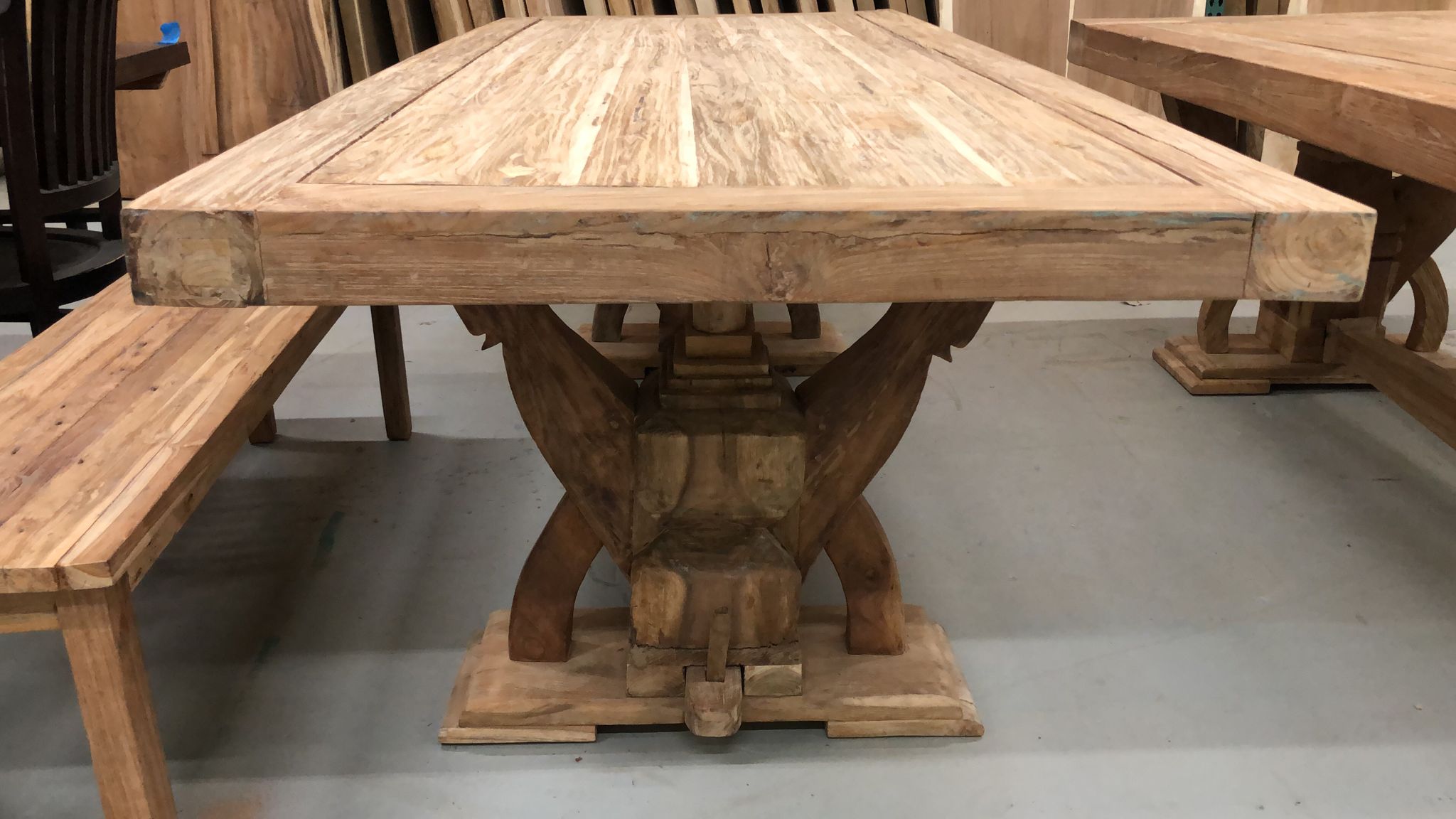 Reclaimed teak wood rustic dining table viking with arch base 94.5