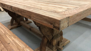 Reclaimed teak wood rustic dining table viking with arch base 94.5" long x 39.25" wide Unfinished