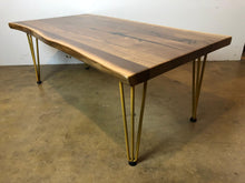 Live edge walnut wood coffee table with gold hairpin legs 48"