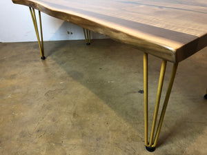 Live edge walnut wood coffee table with gold hairpin legs 48"