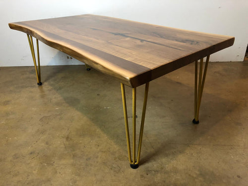 Live edge walnut wood coffee table with gold hairpin legs 48