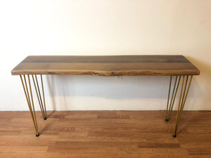 Live edge walnut console table with gold hairpin legs