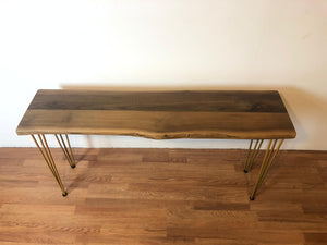 Live edge walnut console table with gold hairpin legs