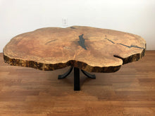 One of a kind spalted maple wood cookie/crosscut oval/round live edge coffee table top with epoxy filled and pedestal metal base