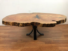 One of a kind spalted maple wood cookie/crosscut oval/round live edge coffee table top with epoxy filled and pedestal metal base