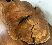 One of a kind spalted maple wood cookie/crosscut oval/round live edge coffee table top with epoxy filled and pedestal metal base
