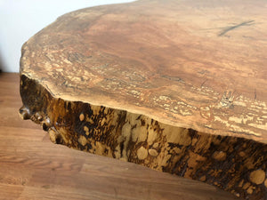 One of a kind spalted maple wood cookie/crosscut oval/round live edge coffee table top with epoxy filled and pedestal metal base