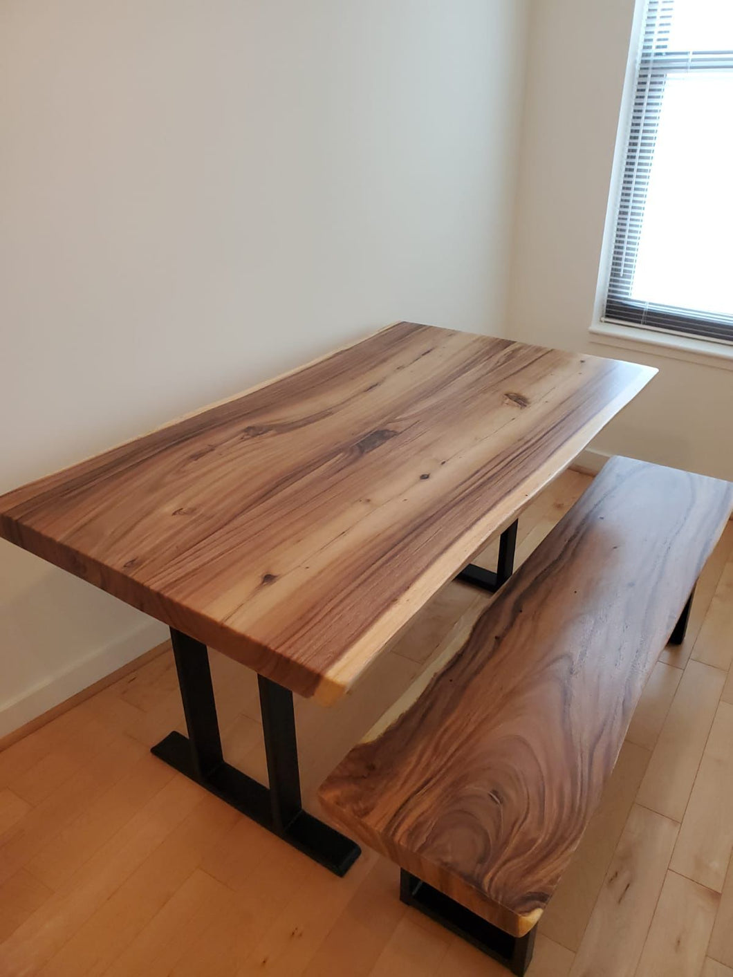 Live edge acacia dining table and bench