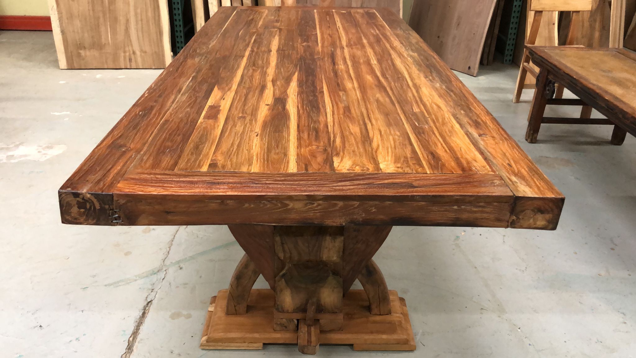 Reclaimed teak wood rustic dining table viking with arch base 94.5