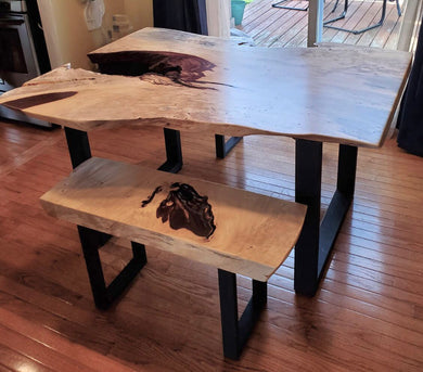 Live edge wood dining table and bench set