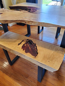 Live edge wood dining table and bench set