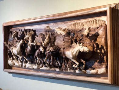 Wall sculpture 3D art running horses from solid acacia wood 34