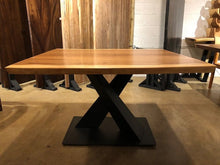 Adjustable metal table base for custom dining table