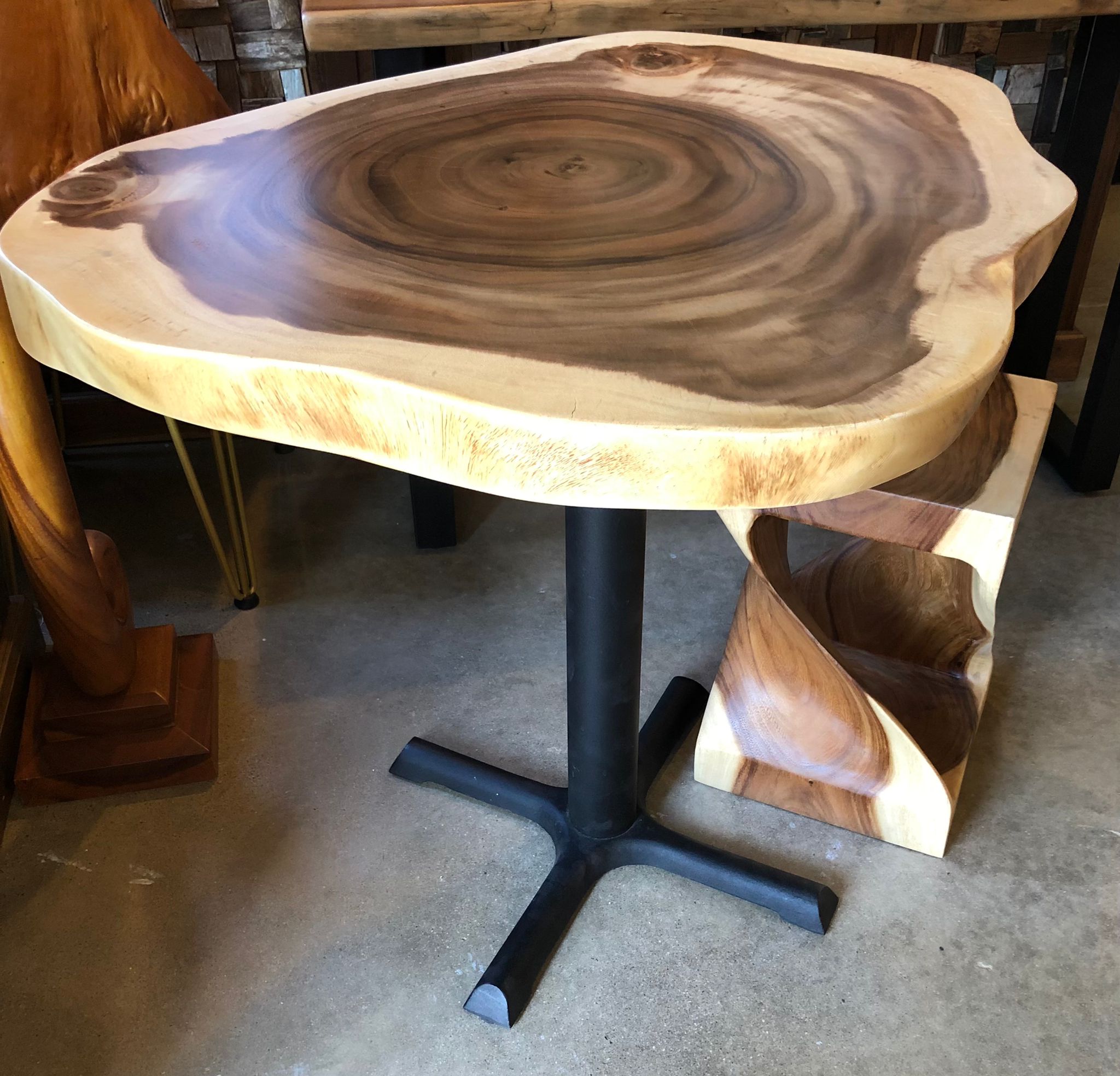 Live edge acacia wood crosscut slab dining table for two
