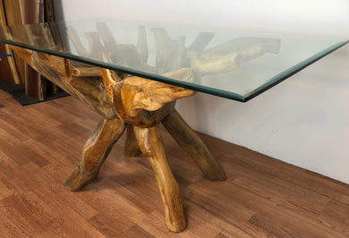 Teak root live edge free form dining table with beveled glass top 67