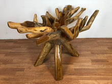 Teak root live edge free form dining table with beveled glass top 67"